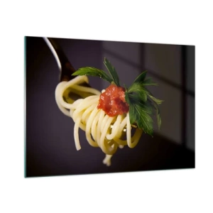Glasbild - Bild auf glas - Spaghetti auf einer Gabel mit Tomatensauce - 100x70cm - Ein leckerer Bissen - Moderne Wanddekoration für Wohnzimmer und Schlafzimmer ARTTOR