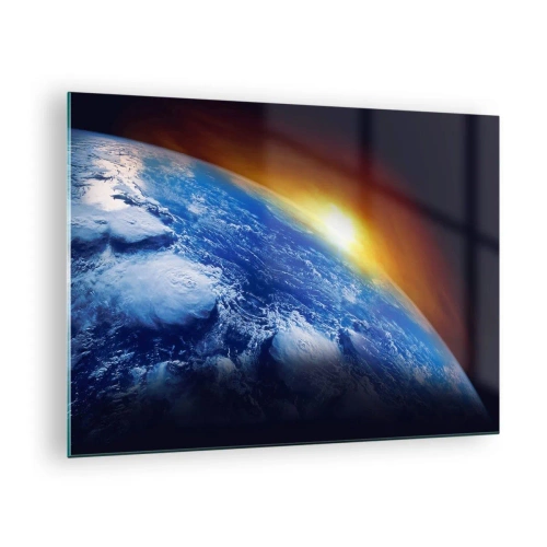 Glasbild - Bild auf glas - Erde im Weltraum, beleuchtet von den Sonnenstrahlen - 70x50cm - Sonnenaufgang über dem blauen Planeten - Moderne Wanddekoration für Wohnzimmer und Schlafzimmer ARTTOR