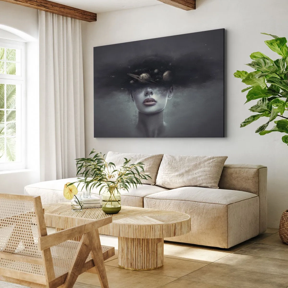 Bild auf Leinwand - Leinwandbild - Ein Frauengesicht mit einem Planeten- und Weltraummotiv im Hintergrund - 70x50cm - Und die Planeten spielen verrückt ... - Moderne Wanddekoration für Wohnzimmer und Schlafzimmer ARTTOR