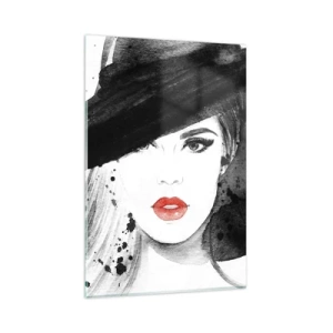 Glasbild - Bild auf glas - Porträt einer Frau mit Hut und roten Lippen - 80x120cm - Frau in schwarz - Moderne Wanddekoration für Wohnzimmer und Schlafzimmer ARTTOR