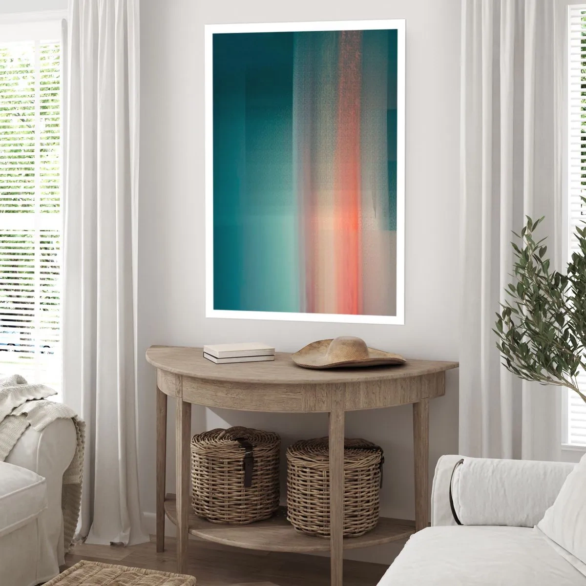 Poster - Ein abstraktes Lichtspiel in Türkis- und Rottönen. - 50x70cm - Abstraktion: Lichtwellen - Moderne Wanddekoration für Wohnzimmer und Schlafzimmer ARTTOR