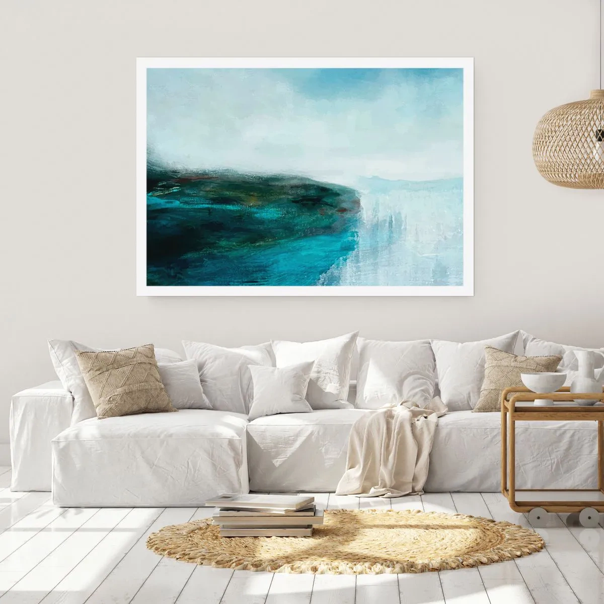 Poster - Abstrakte Landschaft in Türkis- und Grautönen - 100x70cm - Nautische Abstraktion - Moderne Wanddekoration für Wohnzimmer und Schlafzimmer ARTTOR