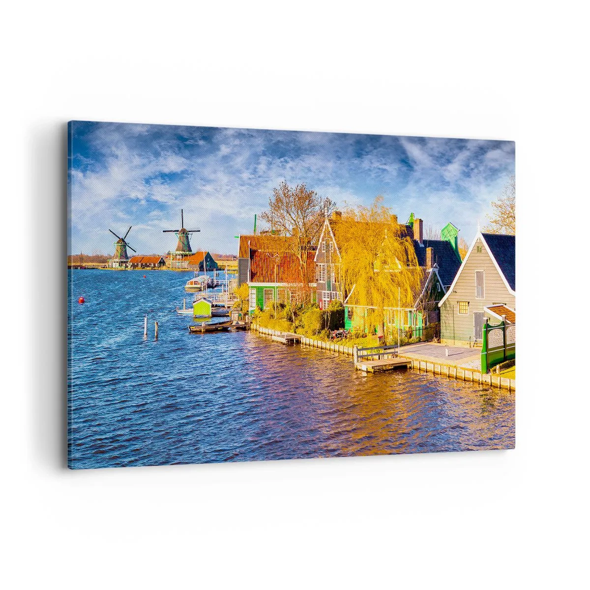 Bild auf Leinwand - Leinwandbild - Malerische Häuser und Windmühlen am Wasser - 120x80cm - Seit Jahrhunderten keine Veränderung - Moderne Wanddekoration für Wohnzimmer und Schlafzimmer ARTTOR
