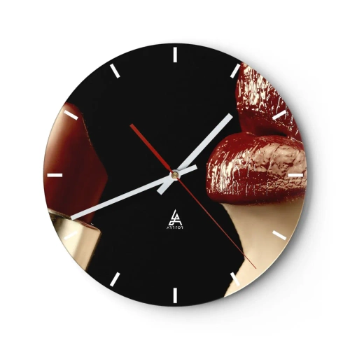 Wanduhr - Glasuhr - Rote Lippen und Lippenstift auf schwarzem Hintergrund - 30x30cm - Sinnlichkeit und Brillanz von Karmin - Moderne Wanddekoration für Wohnzimmer, Küche und Schlafzimmer ARTTOR