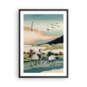 Poster in einem schwarzem Rahmen - Traditionelles japanisches Kunstwerk mit Kranichen in einer natürlichen Landschaft - 50x70cm - Im japanischen Geist - Moderne Wanddekoration für Wohnzimmer und Schlafzimmer ARTTOR