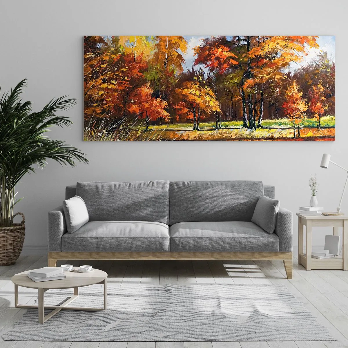 Glasbild - Bild auf glas - Herbstlandschaft mit bunten Bäumen und einem Teich - 160x50cm - Landschaft in Gold und Bronze - Moderne Wanddekoration für Wohnzimmer und Schlafzimmer ARTTOR