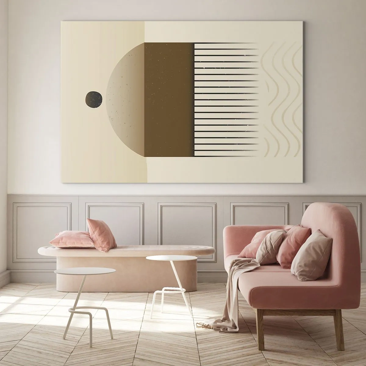 Glasbild - Bild auf glas - Beige und braune Abstraktion mit geometrischen Formen und Linien - 70x50cm - Verschiedene Staaten - Moderne Wanddekoration für Wohnzimmer und Schlafzimmer ARTTOR