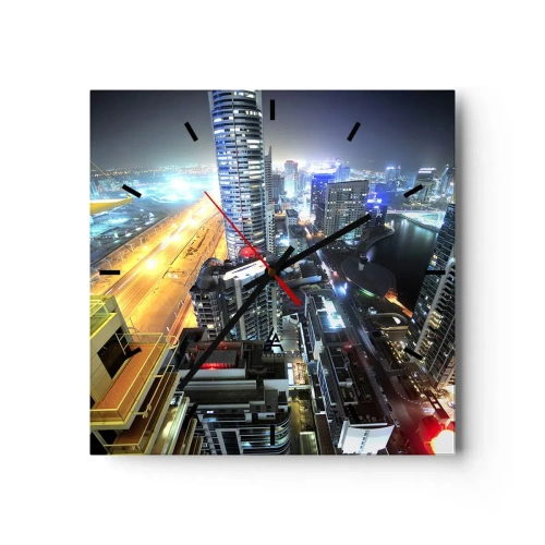Wanduhr - Glasuhr - Panorama der nächtlichen Stadt mit beleuchteten Wolkenkratzern - 30x30cm - Ein Wunder in der Wüste - Moderne Wanddekoration für Wohnzimmer und Schlafzimmer ARTTOR