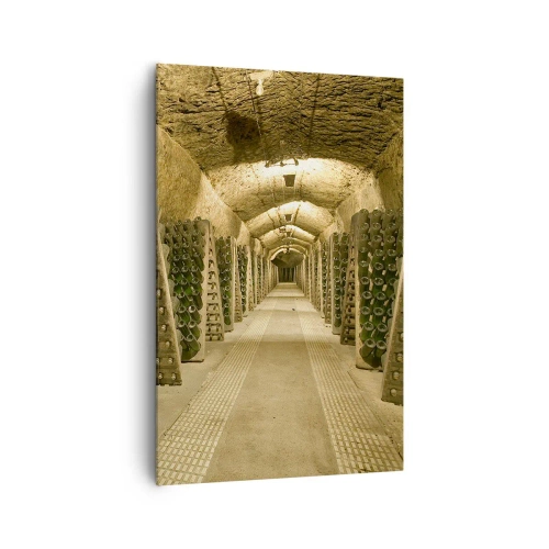 Bild auf Leinwand - Leinwandbild - Ein Weinberg mit einem Keller voller Weinflaschen, die auf Holzregalen ausgestellt sind. - 80x120cm - Die Geburt des Geschmacks - Moderne Wanddekoration für Wohnzimmer und Schlafzimmer ARTTOR