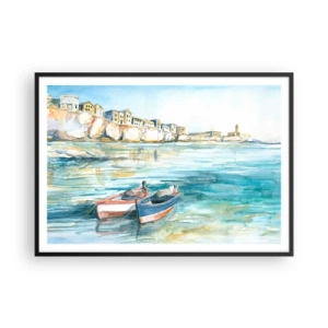 Poster in einem schwarzem Rahmen - Eine malerische Küstenlandschaft mit Booten auf dem Wasser - 100x70cm - Landschaft in Azurblau - Moderne Wanddekoration für Wohnzimmer und Schlafzimmer ARTTOR