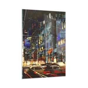 Glasbild - Bild auf glas - Abendliche Stadtstraße mit Neonlichtern und Verkehr - 50x70cm - Abendlicher Straßentrubel - Moderne Wanddekoration für Wohnzimmer und Schlafzimmer ARTTOR