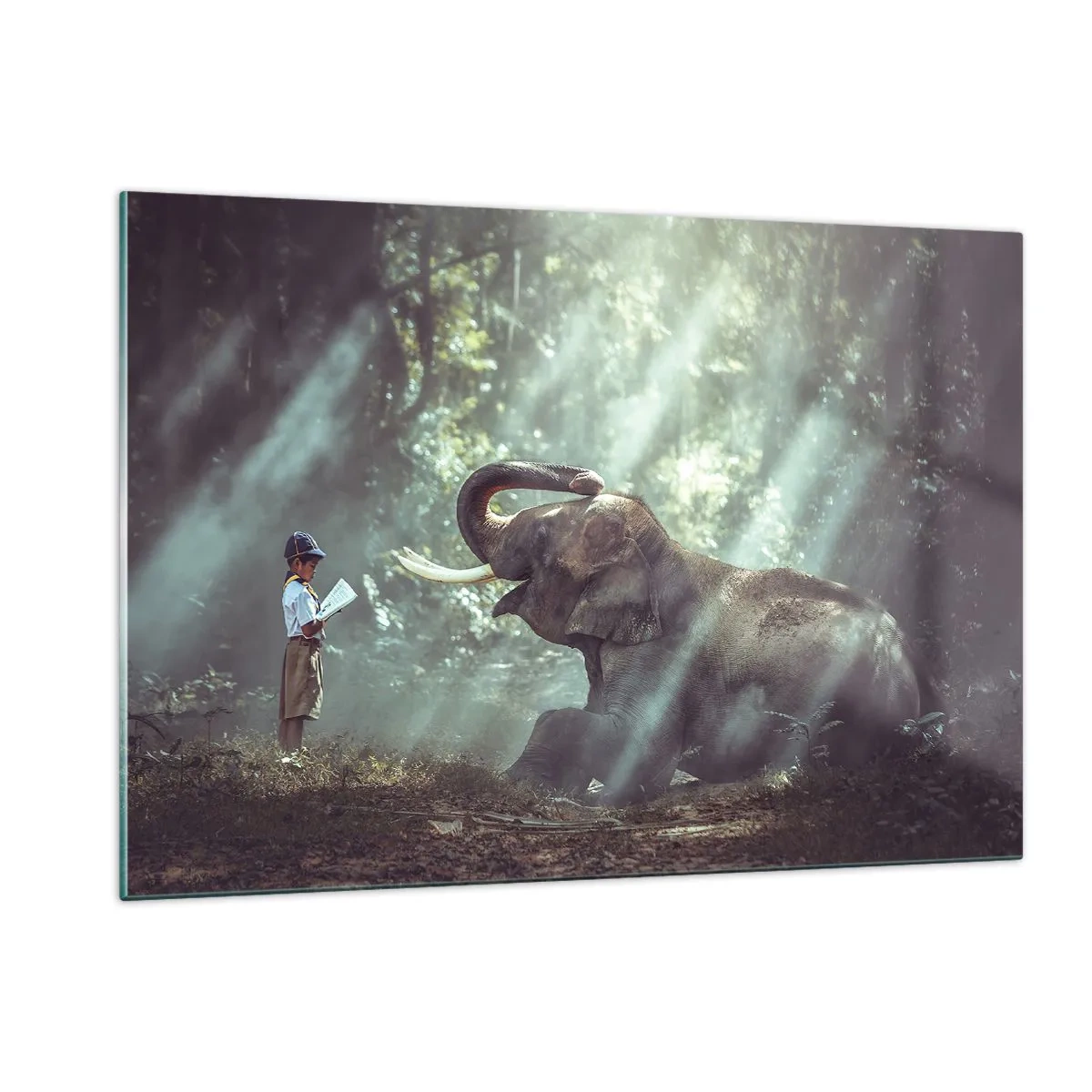 Glasbild - Bild auf glas - Ein Junge mit einem Buch und einem Elefanten in einer Waldkulisse - 120x80cm - Und hör dir das an... - Moderne Wanddekoration für Wohnzimmer und Schlafzimmer ARTTOR