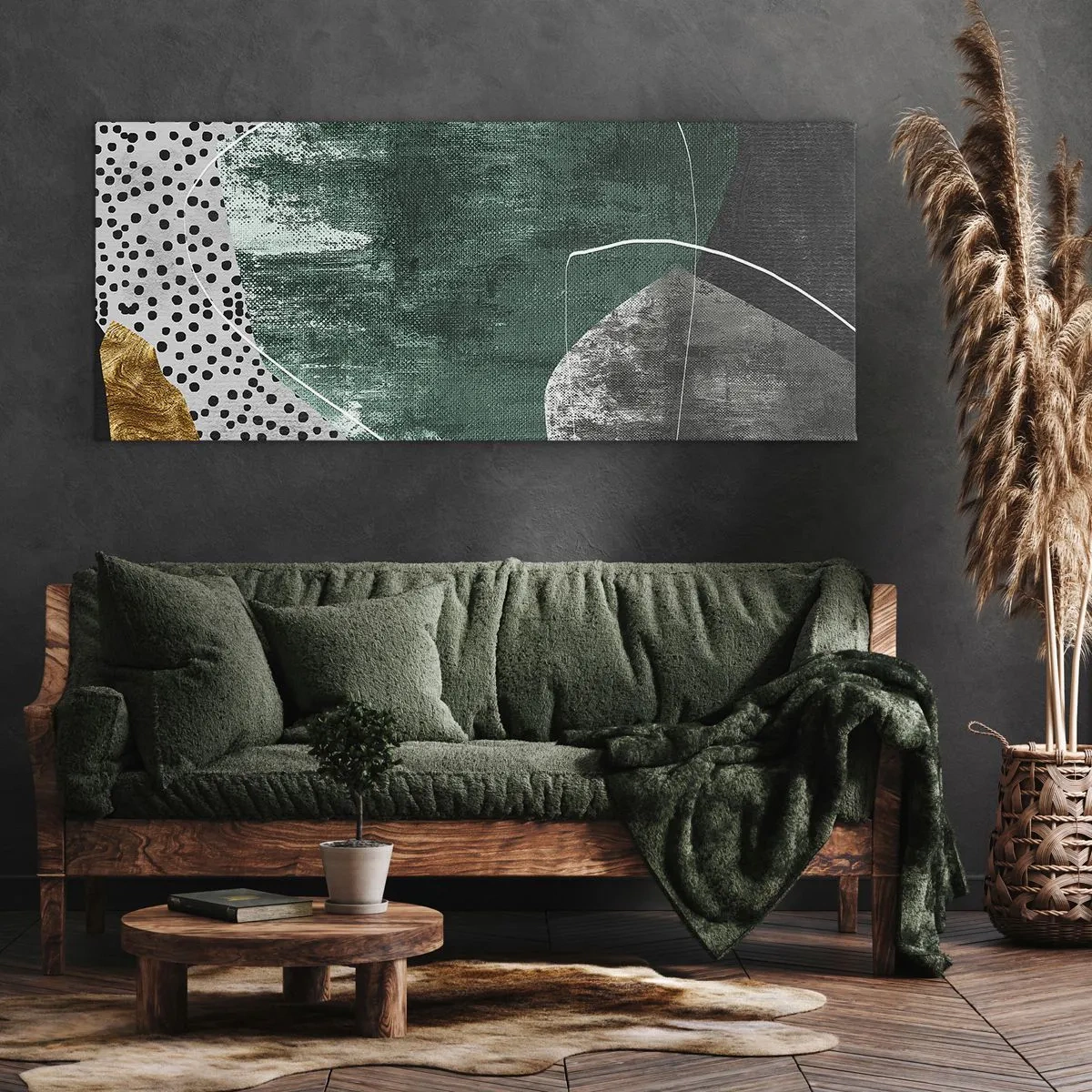 Bild auf Leinwand - Leinwandbild - Abstrakte Komposition mit grünen Formen und Punktmustern - 140x50cm - Bunte Abstraktion mit Blattgold - Moderne Wanddekoration für Wohnzimmer und Schlafzimmer ARTTOR