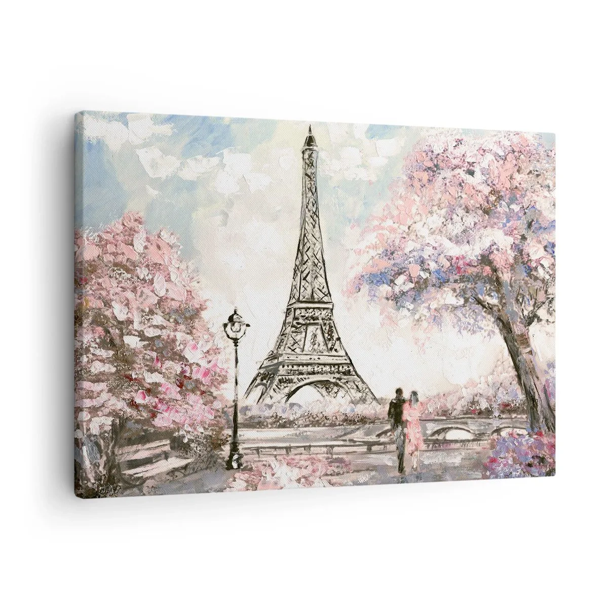 Bild auf Leinwand - Leinwandbild - Der Eiffelturm, umgeben von blühenden Bäumen - 70x50cm - Aprilspaziergang durch Paris - Moderne Wanddekoration für Wohnzimmer und Schlafzimmer ARTTOR