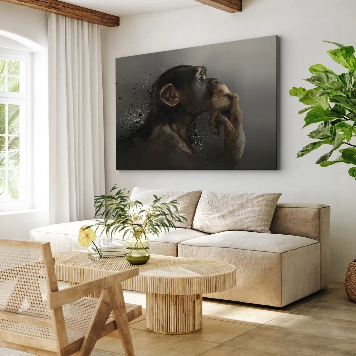 Bild auf Leinwand - Leinwandbild - Porträt eines Affen in nachdenklicher Pose vor grauem Hintergrund - 70x50cm - Sicherlich ein Denker - Moderne Wanddekoration für Wohnzimmer und Schlafzimmer ARTTOR