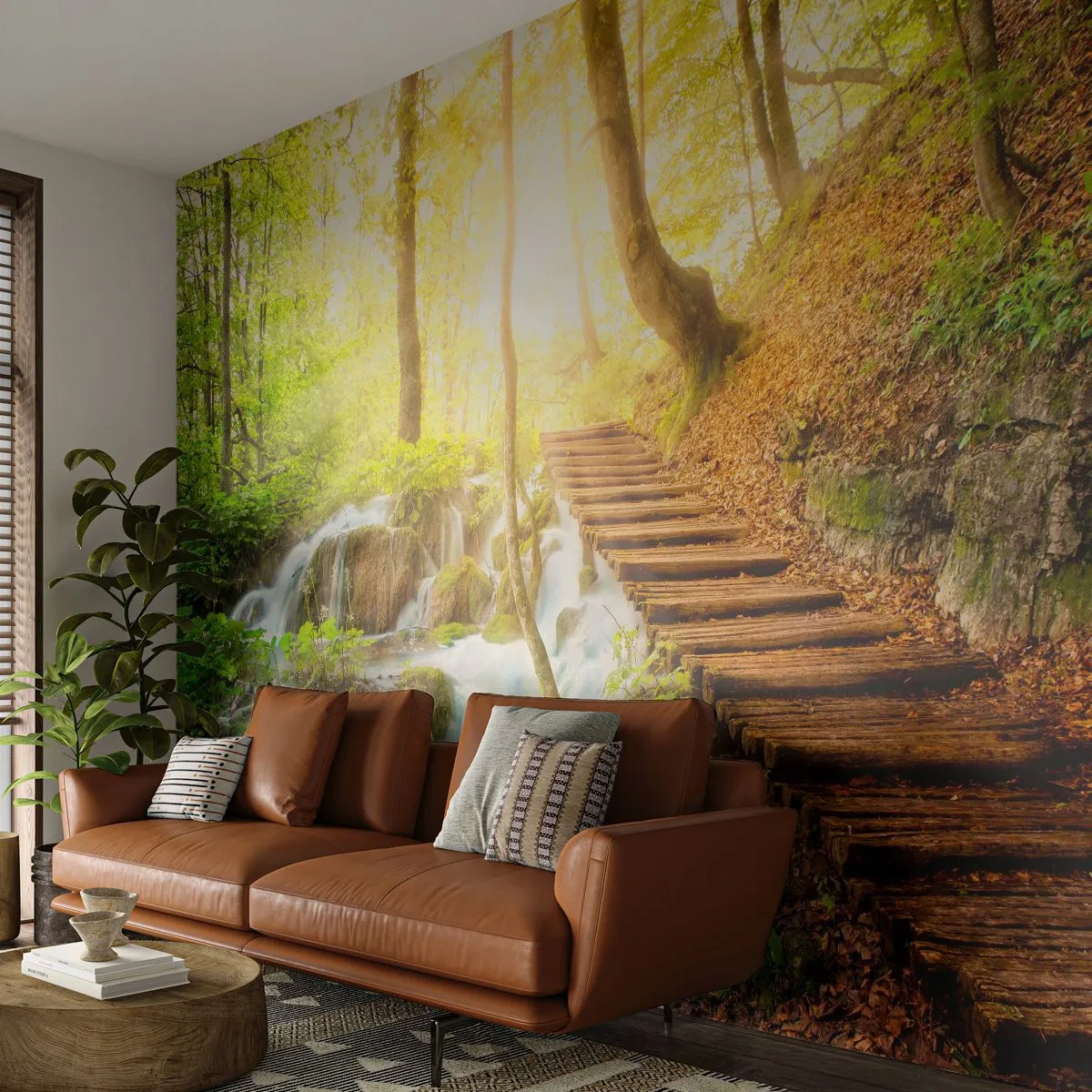 Fototapete Premium Sand - Waldwasserfall und Holzpfad - 100x70cm - Eine ersehnte Kühle - Moderne Wanddekoration für Wohnzimmer und Schlafzimmer ARTTOR