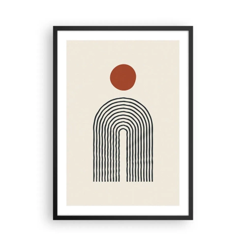 Poster in einem schwarzem Rahmen - Geometrische Abstraktion mit einem linearen Bogen und einem roten Kreis. - 50x70cm - Magnetismus von Formen und Farben - Moderne Wanddekoration für Wohnzimmer und Schlafzimmer ARTTOR
