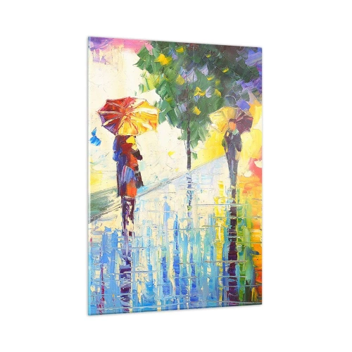 Glasbild - Bild auf glas - Ein farbenfroher Spaziergang im Regen mit einem Regenschirm im impressionistischen Stil - 50x70cm - Und alles klar - Moderne Wanddekoration für Wohnzimmer und Schlafzimmer ARTTOR