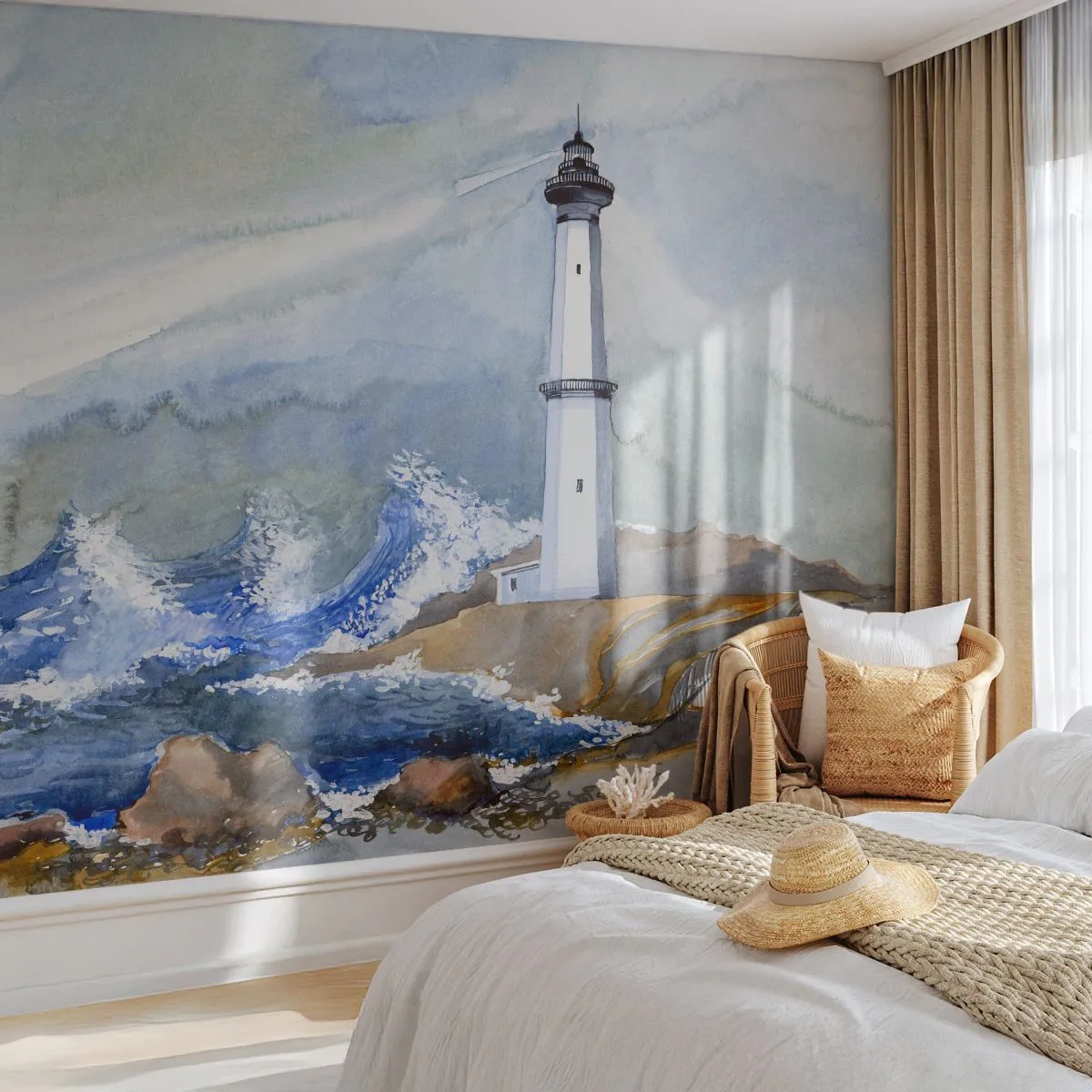 Fototapete Premium Sand - Gegen die Dunkelheit und den Sturm - Leuchtturm, Landschaft, Ozean - 100x70 cm
