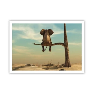 Poster - Ein Elefant sitzt auf einem Ast und blickt auf eine Wüstenlandschaft - 100x70cm - Neuer Blickwinkel - Moderne Wanddekoration für Wohnzimmer und Schlafzimmer ARTTOR