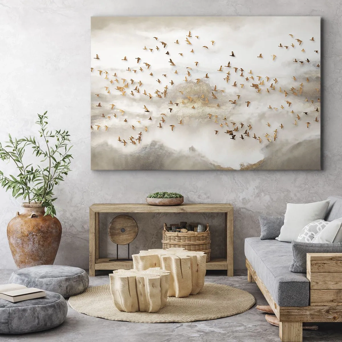 Bild auf Leinwand - Leinwandbild - Goldene Vögel vor den nebligen Bergen - 120x80cm - Es ist schon die Zeit… - Moderne Wanddekoration für Wohnzimmer und Schlafzimmer ARTTOR