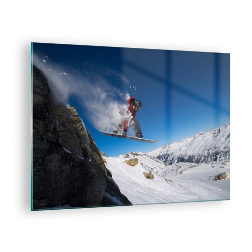 Glasbild - Bild auf glas - Ein Snowboarder springt vor einer Bergkulisse - 70x50cm - Und du wurdest Teil des Raums - Moderne Wanddekoration für Wohnzimmer und Schlafzimmer ARTTOR