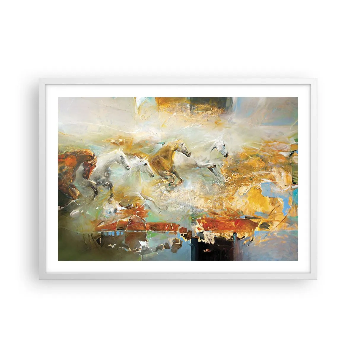 Poster in einem weißen Rahmen - Im Galopp durch das Licht - 70x50 cm