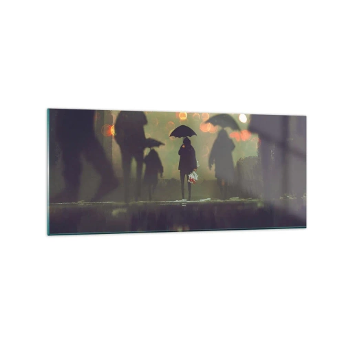 Glasbild - Bild auf glas - Eine Figur mit einem Regenschirm an einem regnerischen Abend zwischen den Lichtern der Stadt - 120x50cm - Aus der Perspektive eines Regentropfens - Moderne Wanddekoration für Wohnzimmer und Schlafzimmer ARTTOR
