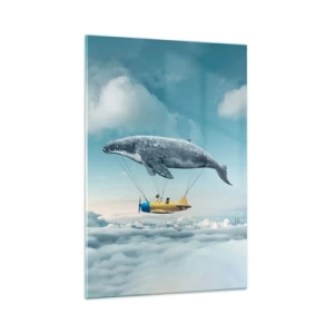 Glasbild - Bild auf glas - Ein fliegender Wal trägt ein Flugzeug in einer surrealen Umgebung. - 70x100cm - Warum nicht? - Moderne Wanddekoration für Wohnzimmer und Schlafzimmer ARTTOR