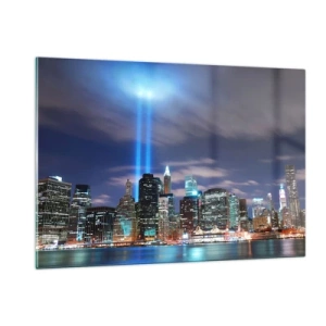 Glasbild - Bild auf glas - Abendpanorama der Stadt mit Scheinwerfern - 120x80cm - Erreiche den Himmel mit dem Licht - Moderne Wanddekoration für Wohnzimmer und Schlafzimmer ARTTOR
