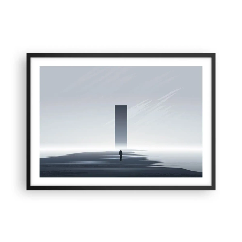 Poster in einem schwarzem Rahmen - Eine minimalistische Landschaft mit einer Silhouette neben einem rechteckigen Monolithen - 70x50cm - Chance oder Bedrohung? - Moderne Wanddekoration für Wohnzimmer und Schlafzimmer ARTTOR