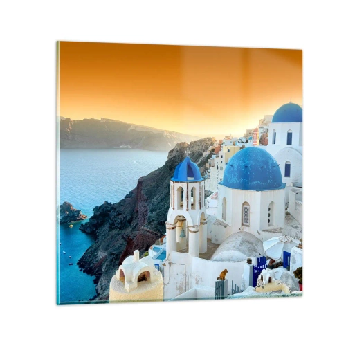 Glasbild - Bild auf glas - Santorini - an die Felsen gekuschelt - 40x40 cm