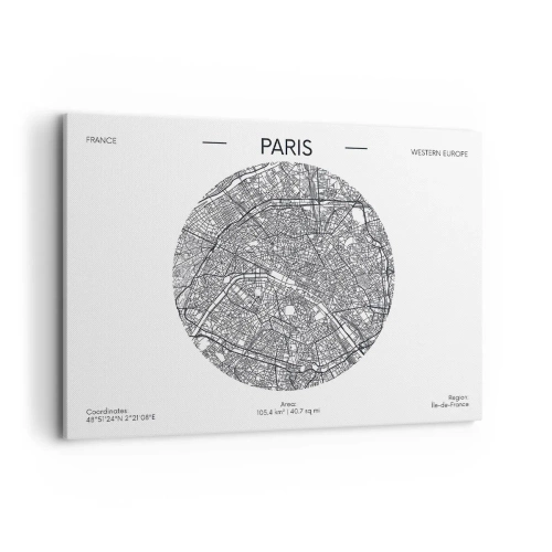 Bild auf Leinwand - Leinwandbild - Karte von Paris im minimalistischen Stil - 100x70cm - Anatomie von Paris - Moderne Wanddekoration für Wohnzimmer und Schlafzimmer ARTTOR