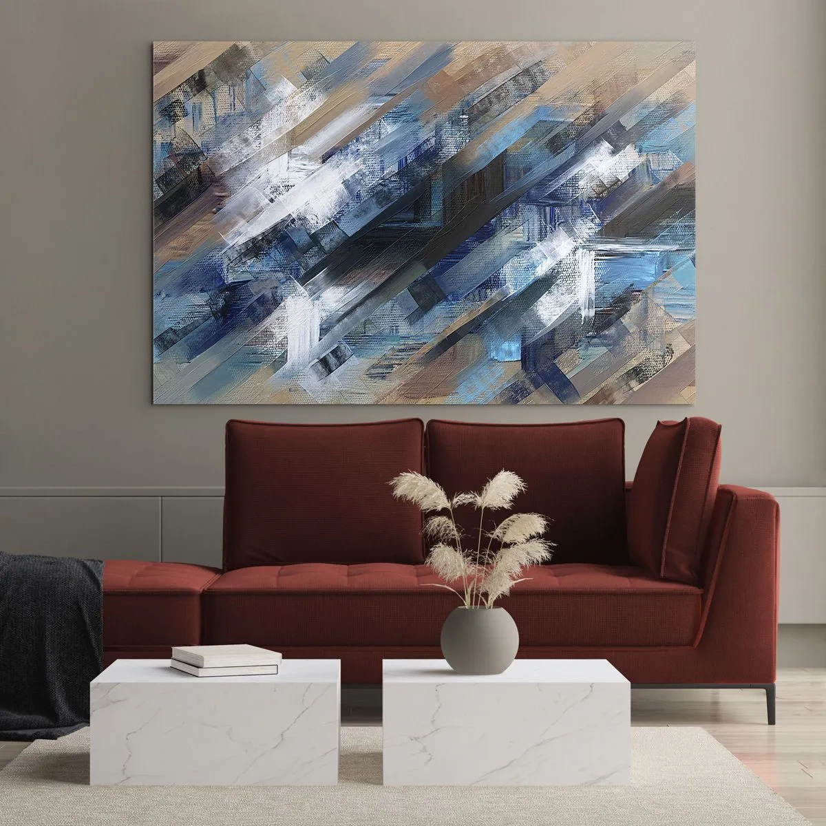 Glasbild - Bild auf glas - Abstrakte diagonale Streifen in Blau-, Weiß- und Beigetönen - 70x50cm - Auf einer blauen Diagonale - Moderne Wanddekoration für Wohnzimmer und Schlafzimmer ARTTOR