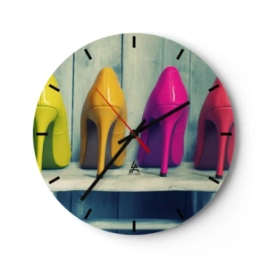 Wanduhr - Glasuhr - Bunte Stecknadeln auf einem Holzregal mit hellem Hintergrund - 30x30cm - Spazierengehen auf dem Regenbogen - Moderne Wanddekoration für Wohnzimmer, Küche und Schlafzimmer ARTTOR