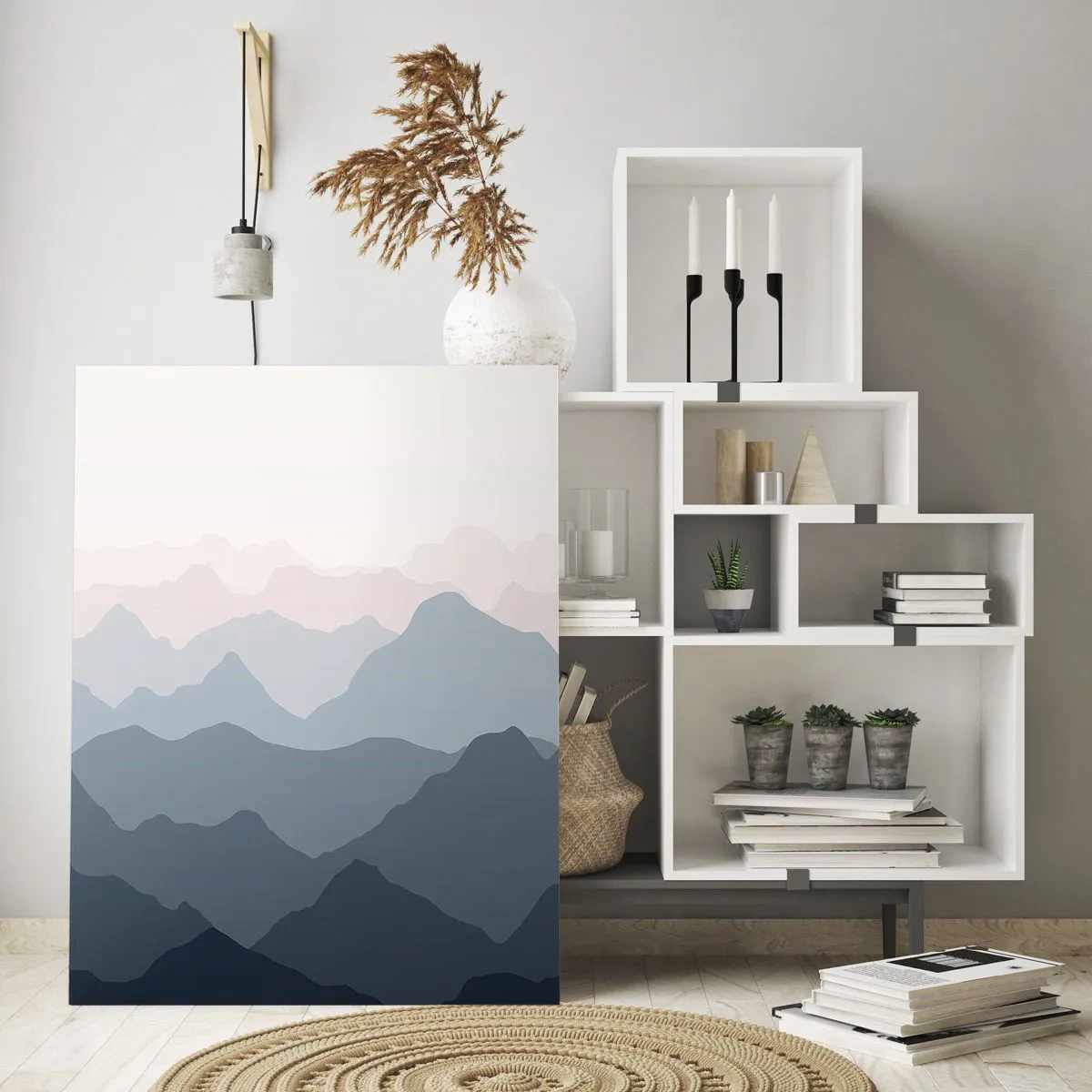 Glasbild - Bild auf glas - Dezente Bergschichten in Grau- und Blautönen - 80x120cm - Wellen der Berge - Moderne Wanddekoration für Wohnzimmer und Schlafzimmer ARTTOR