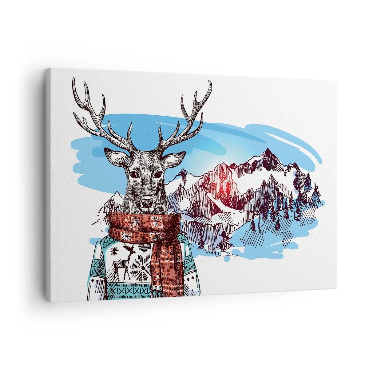 Bild auf Leinwand - Leinwandbild - Ein Hirsch im Winterpullover vor einer Berglandschaft - 70x50cm - Auch ein Reh friert nicht - Moderne Wanddekoration für Wohnzimmer und Schlafzimmer ARTTOR