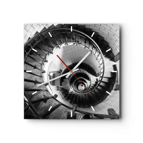 Wanduhr - Glasuhr - Schwarz-Weiß-Fotografie einer Wendeltreppe aus der Vogelperspektive - 30x30cm - Höher und höher - Moderne Wanddekoration für Wohnzimmer und Schlafzimmer ARTTOR