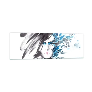 Glasbild - Bild auf glas - Künstlerische Aquarell-Gesichtsbemalung mit blauen Akzenten - 160x50cm - Sinnliches Portrait in Grau und Blau - Moderne Wanddekoration für Wohnzimmer und Schlafzimmer ARTTOR