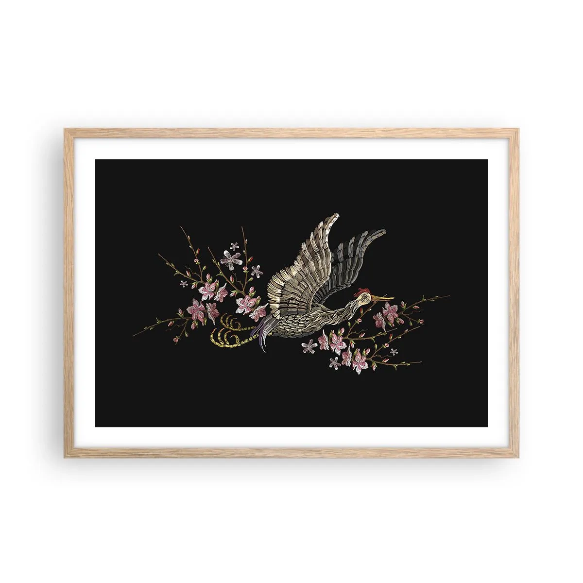 Poster in einem Rahmen aus heller Eiche - Exotischer gestickter Vogel - 70x50 cm