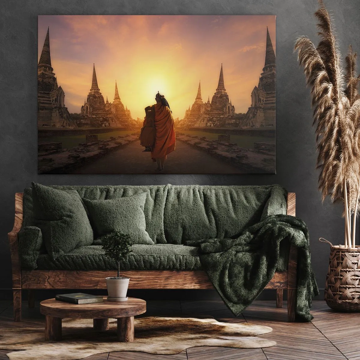 Bild auf Leinwand - Leinwandbild - Ein Mönch zwischen den Tempeln bei Sonnenuntergang - 120x80cm - In Frieden für die Ewigkeit - Moderne Wanddekoration für Wohnzimmer und Schlafzimmer ARTTOR