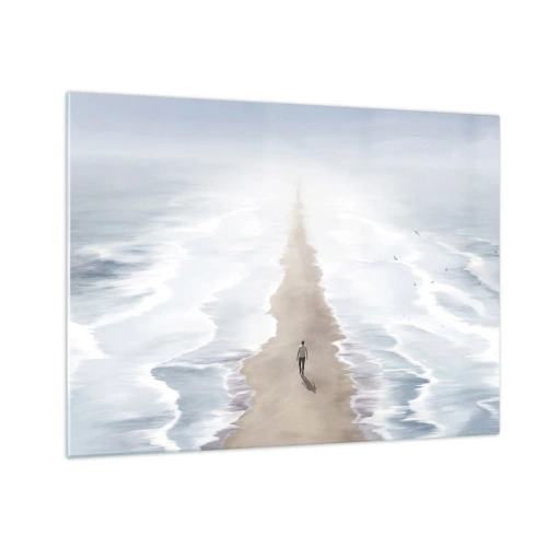 Glasbild - Bild auf glas - Eine Gestalt, die allein zwischen den Wellen zum Horizont geht - 70x50cm - Glänzende Zukunft - Moderne Wanddekoration für Wohnzimmer und Schlafzimmer ARTTOR