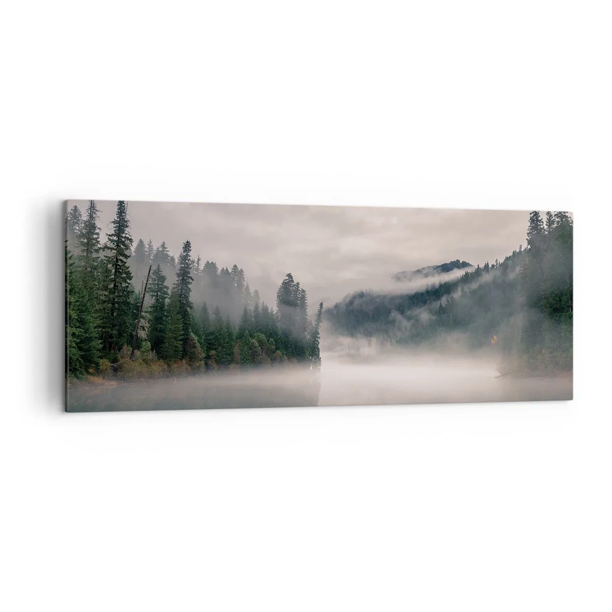 Bild auf Leinwand - Leinwandbild - Ein nebliger Wald spiegelt sich in einem ruhigen See - 140x50cm - In Reflexion, im Nebel - Moderne Wanddekoration für Wohnzimmer und Schlafzimmer ARTTOR