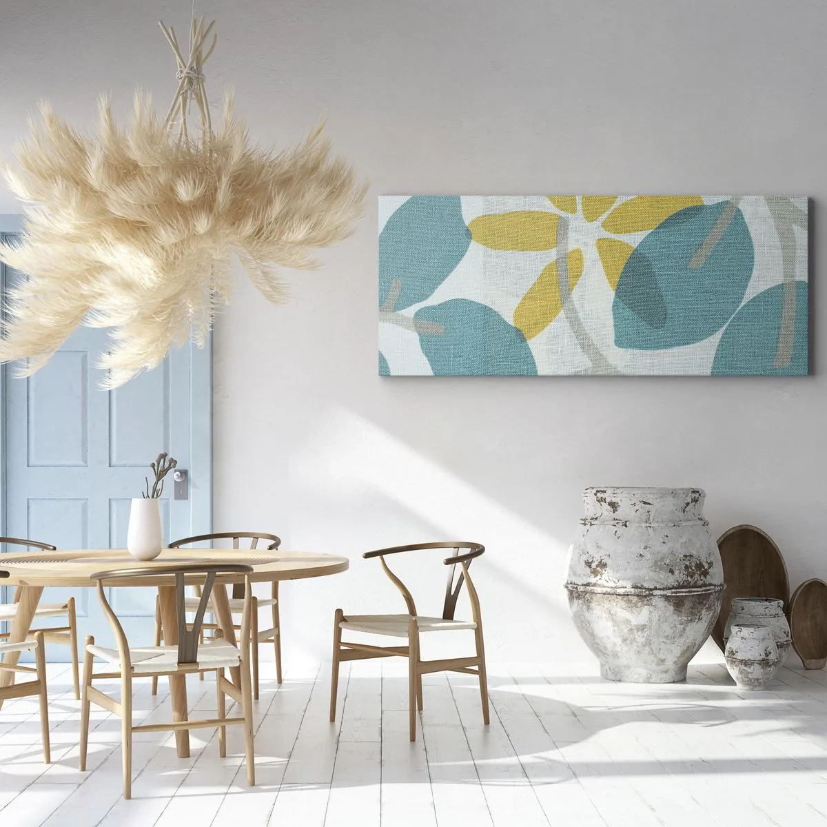 Bild auf Leinwand - Leinwandbild - Blätter in Türkis- und Gelbtönen auf hellem Hintergrund - 140x50cm - Unter den azurblauen Blättern - Moderne Wanddekoration für Wohnzimmer und Schlafzimmer ARTTOR