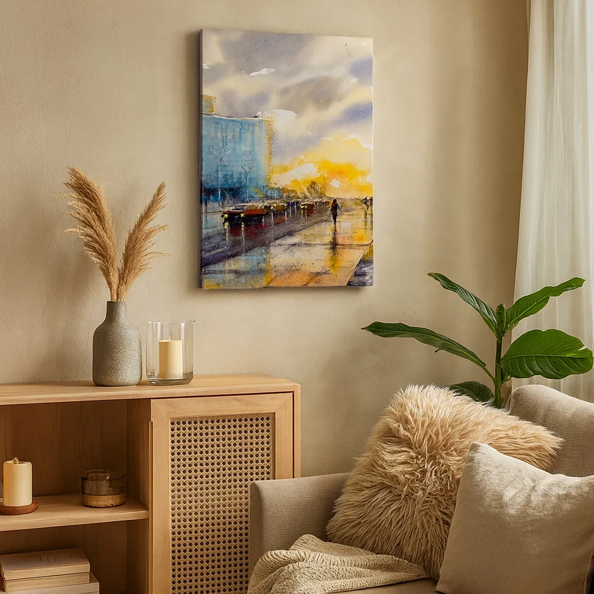 Bild auf Leinwand - Leinwandbild - Ein malerischer Blick auf die Strandpromenade bei Sonnenuntergang - 50x70cm - Leben am Ufer - Moderne Wanddekoration für Wohnzimmer und Schlafzimmer ARTTOR