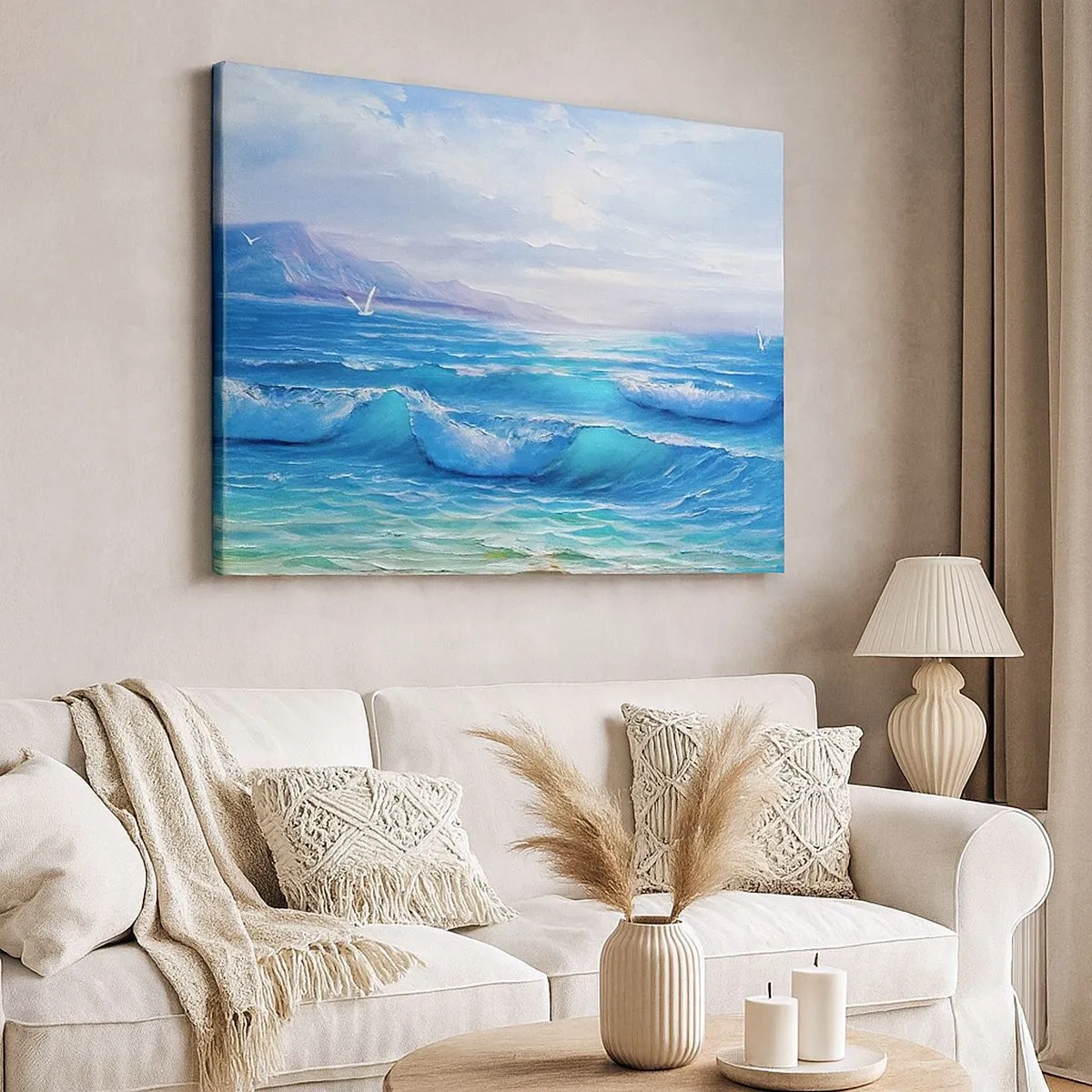 Bild auf Leinwand - Leinwandbild - Eine malerische Meereslandschaft mit Wellen und blauem Himmel - 70x50cm - Es bringt Erleichterung - Moderne Wanddekoration für Wohnzimmer und Schlafzimmer ARTTOR