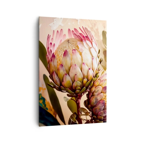 Bild auf Leinwand - Leinwandbild - Bunte Protea-Blüten auf zartem Hintergrund - 70x100cm - Zärtlich umarmt - Moderne Wanddekoration für Wohnzimmer und Schlafzimmer ARTTOR