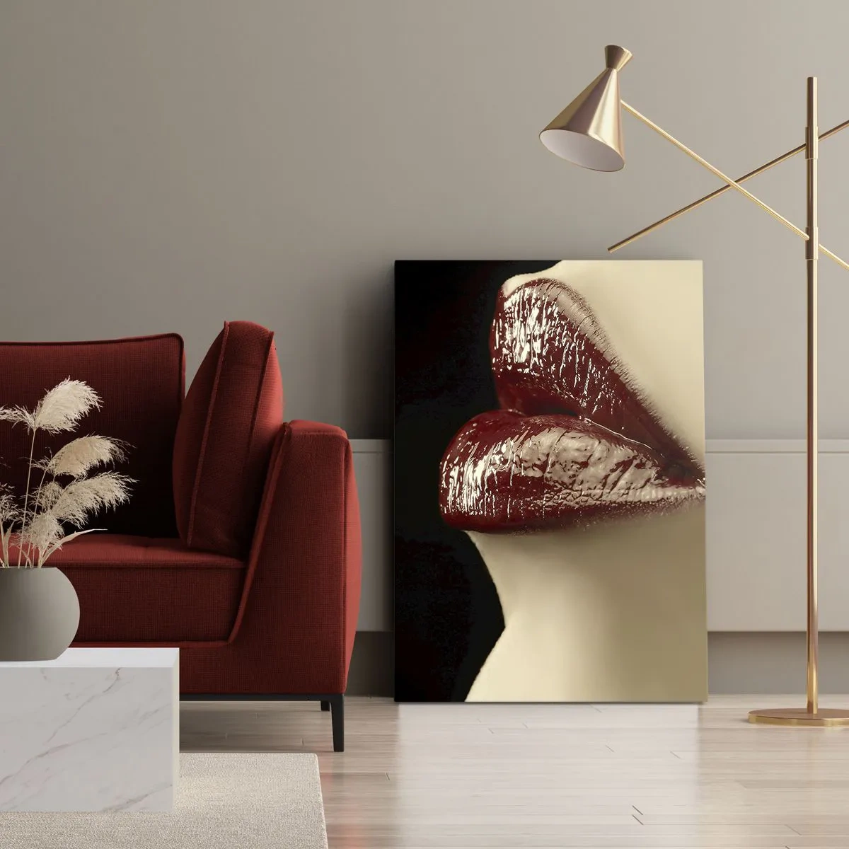 Bild auf Leinwand - Leinwandbild - Rote Lippen und Lippenstift auf schwarzem Hintergrund - 50x70cm - Sinnlichkeit und Brillanz von Karmin - Moderne Wanddekoration für Wohnzimmer und Schlafzimmer ARTTOR