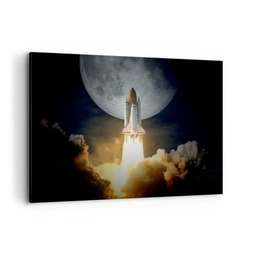 Bild auf Leinwand - Leinwandbild - Eine Rakete hebt vor dem Hintergrund eines Vollmonds ab, umgeben von dynamischen Wolken. - 120x80cm - Beginn eines überirdischen Abenteuers - Moderne Wanddekoration für Wohnzimmer und Schlafzimmer ARTTOR