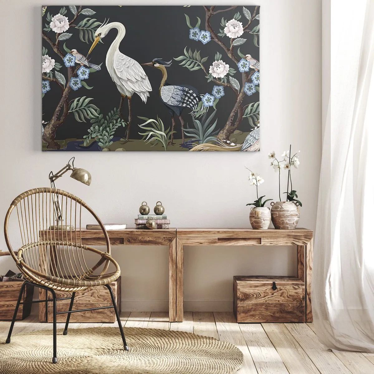 Bild auf Leinwand - Leinwandbild - Gemalte Vögel und Pflanzen auf dunklem Hintergrund mit elegantem Muster - 70x50cm - Vogelparade - Moderne Wanddekoration für Wohnzimmer und Schlafzimmer ARTTOR